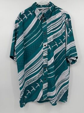 Missing Polynesia Shirt Men 2XL Green White Button Up Short Sleeve Lightweight